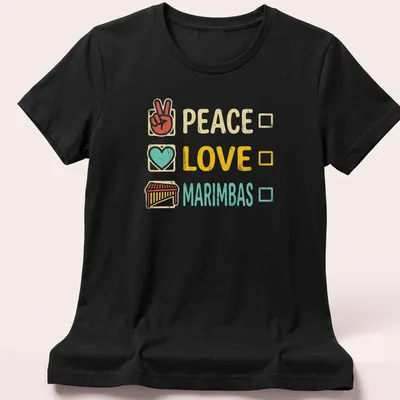 Retro t-shirt with colorful graphic of marimbas and the words Peace and Love — printed on a women's shirt