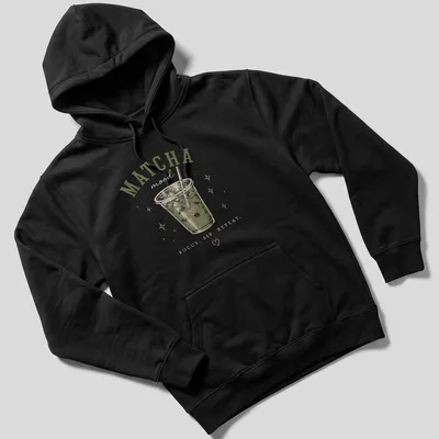 Retro design with the phrase MATCHA mood FOCUS. SIP. REPEAT. and a matcha drink illustration — printed on a unisex hoodie