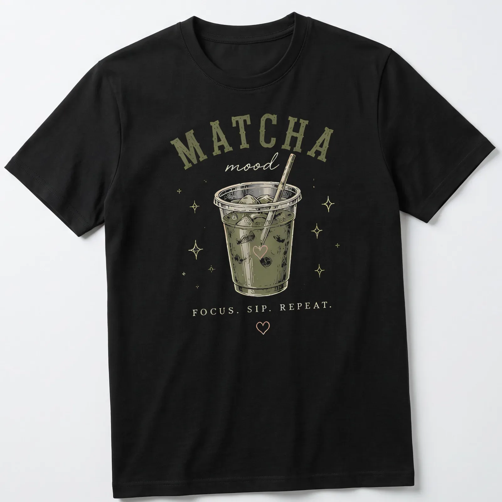 Retro design with the phrase MATCHA mood FOCUS. SIP. REPEAT. and a matcha drink illustration — printed on a unisex t-shirt
