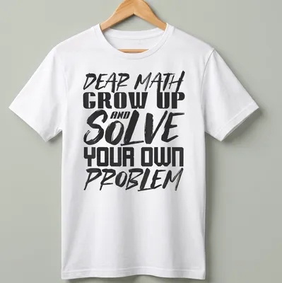 Humorous typography shirt with text about math problem solving in black and white