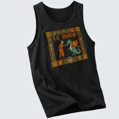 Vintage ornate print of a knight and dragon with 'Le Boop' text — printed on a tank top
