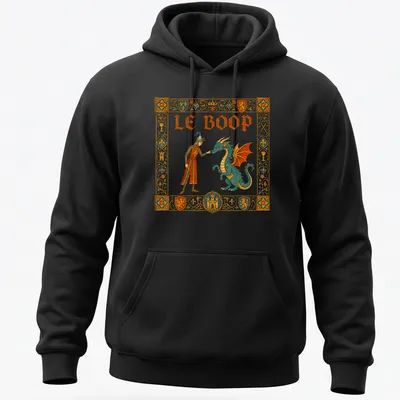 Vintage ornate print of a knight and dragon with 'Le Boop' text — printed on a unisex hoodie