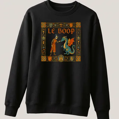 Vintage ornate print of a knight and dragon with 'Le Boop' text — printed on a unisex sweatshirt