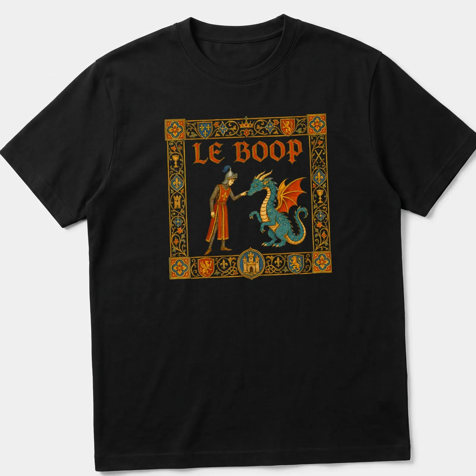 Vintage ornate print of a knight and dragon with 'Le Boop' text — printed on a unisex t-shirt