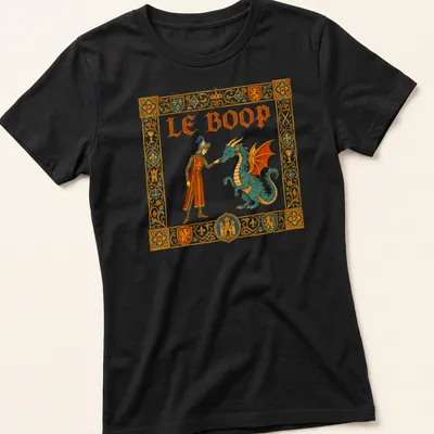 Vintage ornate print of a knight and dragon with 'Le Boop' text — printed on a women's shirt