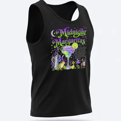 Colorful illustration of a witch-themed margarita cocktail with whimsical text — printed on a tank top
