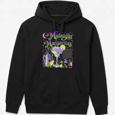 Colorful illustration of a witch-themed margarita cocktail with whimsical text — printed on a unisex hoodie