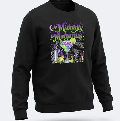 Colorful illustration of a witch-themed margarita cocktail with whimsical text — printed on a unisex sweatshirt