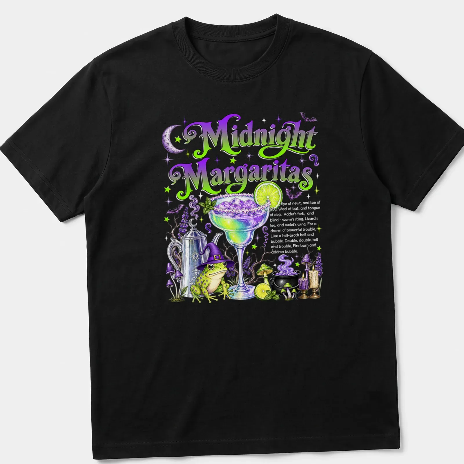 Colorful illustration of a witch-themed margarita cocktail with whimsical text — printed on a unisex t-shirt