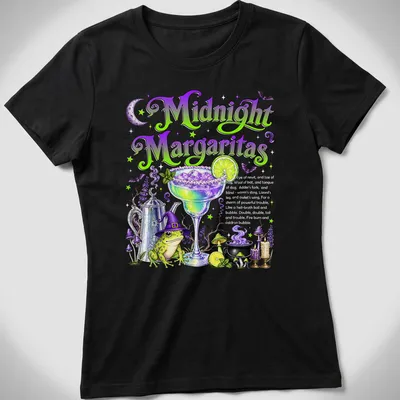 Colorful illustration of a witch-themed margarita cocktail with whimsical text — printed on a women's shirt