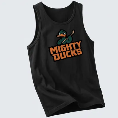 Cartoon Mighty Ducks character with hockey stick and colorful text — printed on a tank top
