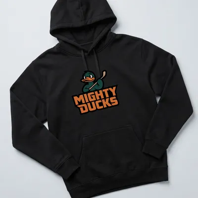 Cartoon Mighty Ducks character with hockey stick and colorful text — printed on a unisex hoodie