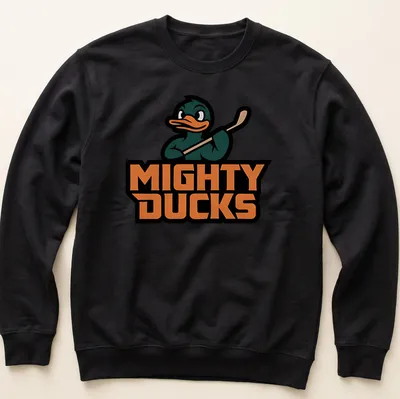 Cartoon Mighty Ducks character with hockey stick and colorful text — printed on a unisex sweatshirt