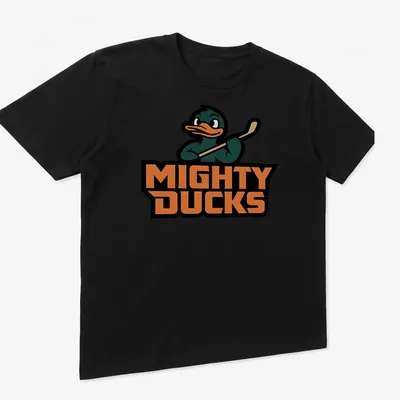 Cartoon Mighty Ducks character with hockey stick and colorful text — printed on a unisex t-shirt (angled view)