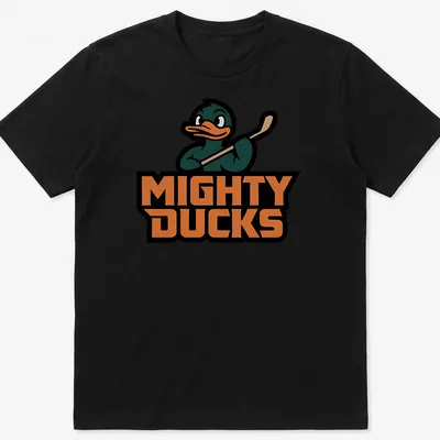 Cartoon Mighty Ducks character with hockey stick and colorful text — printed on a unisex t-shirt