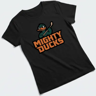 Cartoon Mighty Ducks character with hockey stick and colorful text — printed on a women's shirt