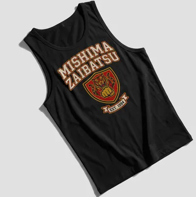 Bold collegiate print of Mishima Zaibatsu tiger crest established in 1994 — printed on a tank top