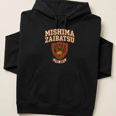 Bold collegiate print of Mishima Zaibatsu tiger crest established in 1994 — printed on a unisex hoodie