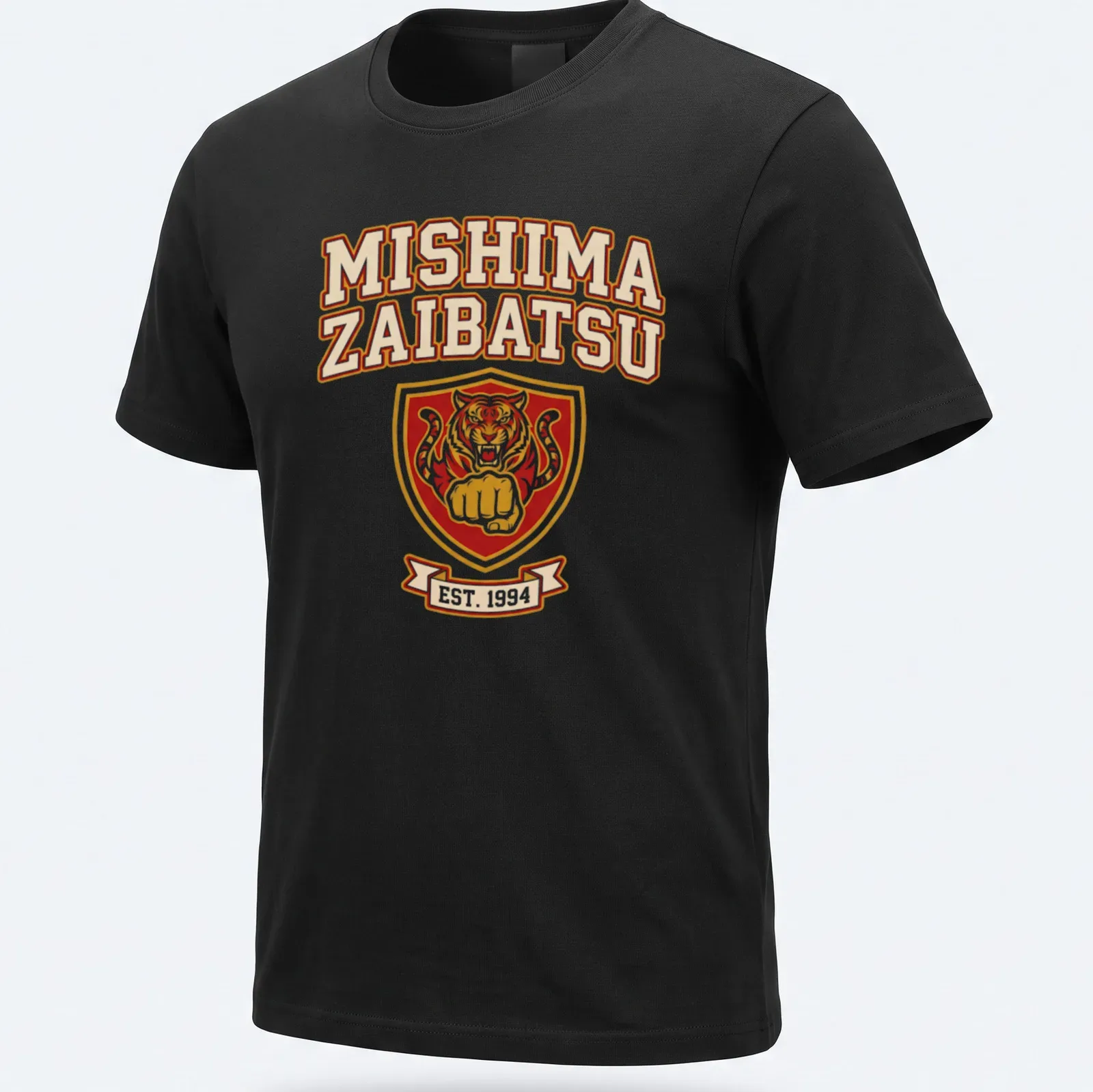 Bold collegiate print of Mishima Zaibatsu tiger crest established in 1994 — printed on a unisex t-shirt