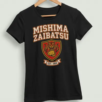 Bold collegiate print of Mishima Zaibatsu tiger crest established in 1994 — printed on a women's shirt