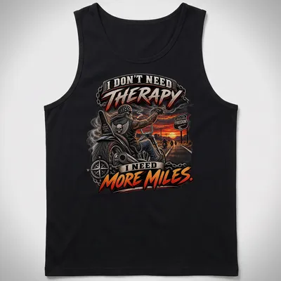 Bold graphic motorcycle t-shirt with the text about therapy and miles — printed on a tank top