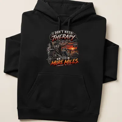 Bold graphic motorcycle t-shirt with the text about therapy and miles — printed on a unisex hoodie