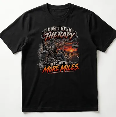 Bold graphic motorcycle t-shirt with the text about therapy and miles
