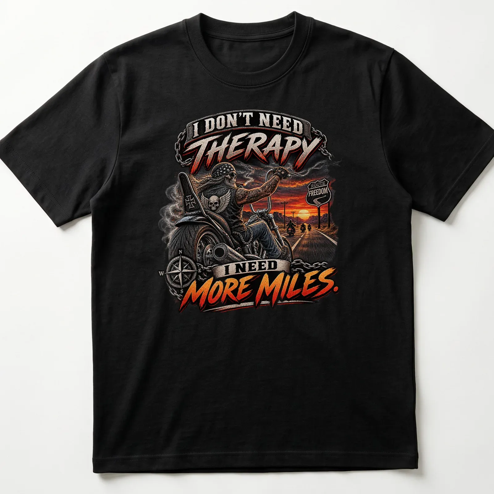 Bold graphic motorcycle t-shirt with the text about therapy and miles — printed on a unisex t-shirt