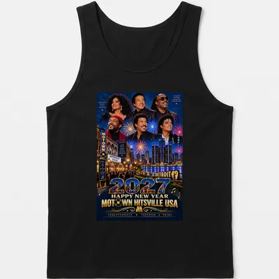 Vibrant festive T-shirt with Motown New Year design in blue, gold, and red — printed on a tank top