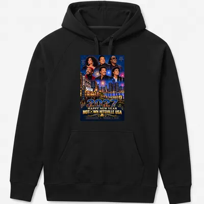 Vibrant festive T-shirt with Motown New Year design in blue, gold, and red — printed on a unisex hoodie