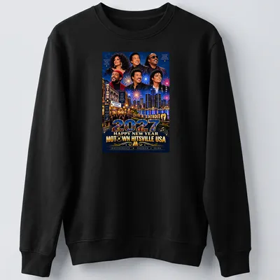Vibrant festive T-shirt with Motown New Year design in blue, gold, and red — printed on a unisex sweatshirt