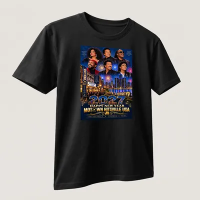 Vibrant festive T-shirt with Motown New Year design in blue, gold, and red — printed on a unisex t-shirt (angled view)