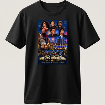 Vibrant festive T-shirt with Motown New Year design in blue, gold, and red