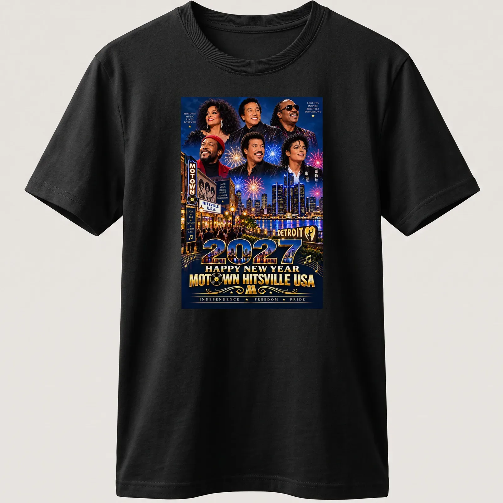 Vibrant festive T-shirt with Motown New Year design in blue, gold, and red — printed on a unisex t-shirt