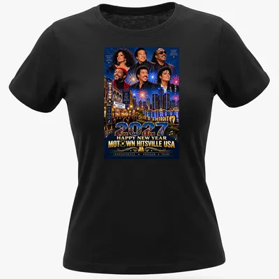 Vibrant festive T-shirt with Motown New Year design in blue, gold, and red — printed on a women's shirt