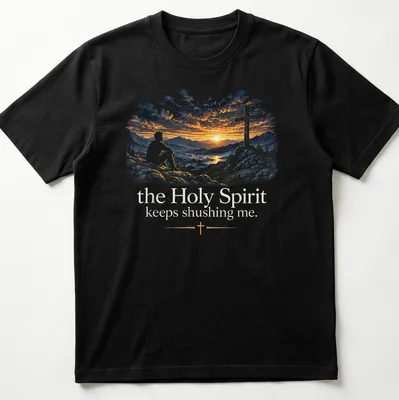 A serene illustration of a man on rocks at sunset with cross and text about the Holy Spirit