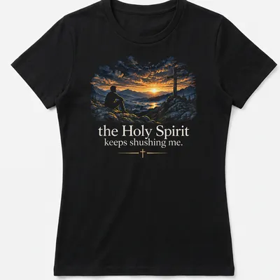 A serene illustration of a man on rocks at sunset with cross and text about the Holy Spirit — printed on a women's shirt