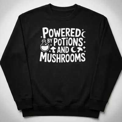 Whimsical print featuring mushrooms and potions with the text 'Powered By Potions And Mushrooms' — printed on a unisex sweatshirt