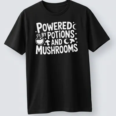 Whimsical print featuring mushrooms and potions with the text 'Powered By Potions And Mushrooms'
