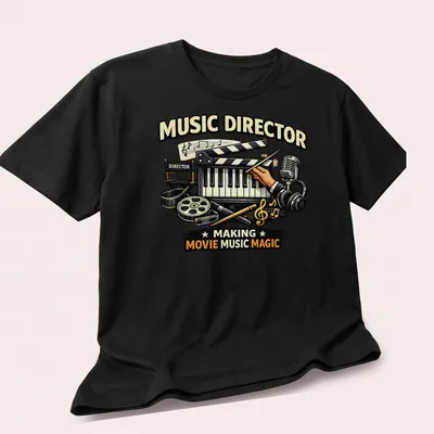 Vintage illustration of a music director creating movie music magic in various colors — printed on a unisex t-shirt (angled view)