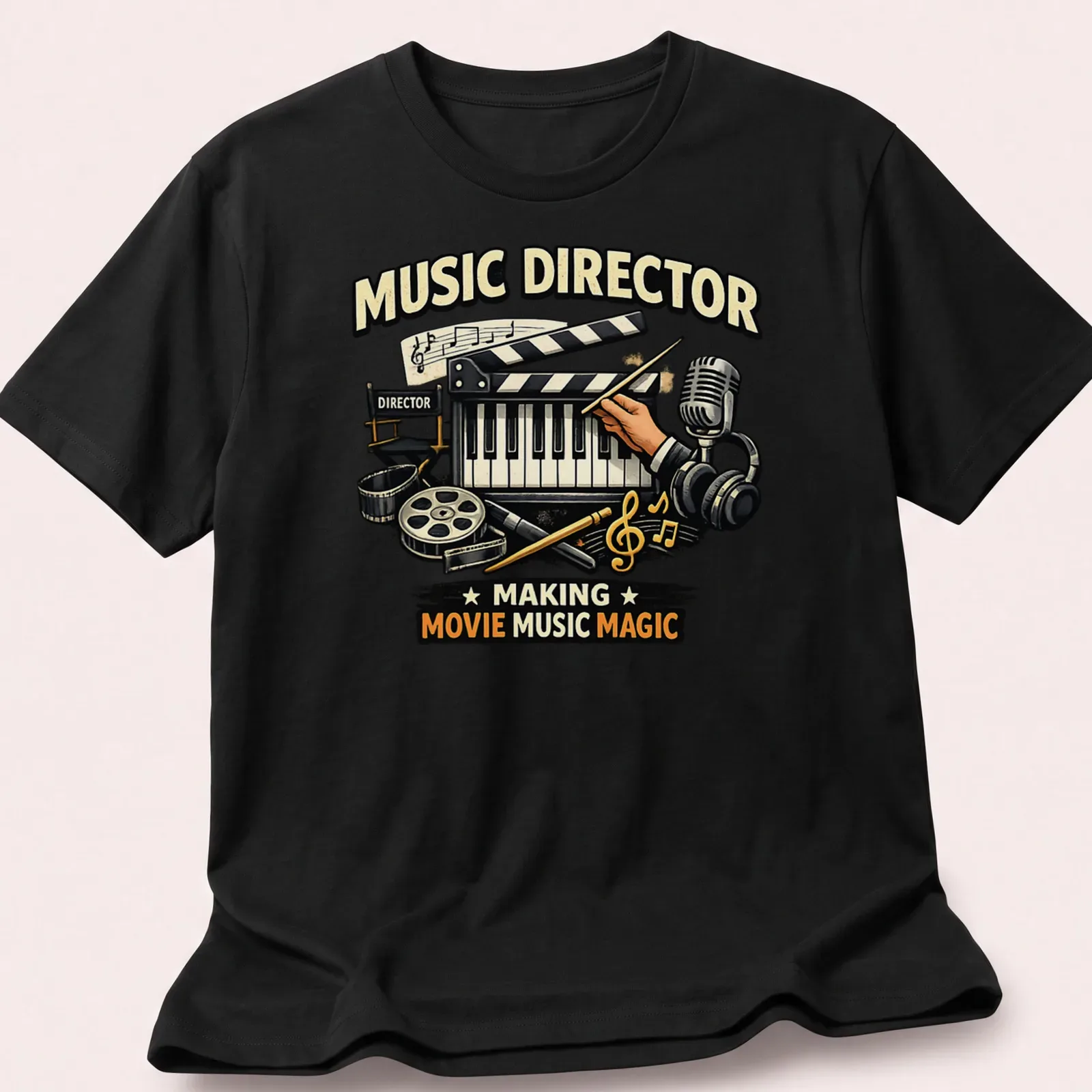 Vintage illustration of a music director creating movie music magic in various colors — printed on a unisex t-shirt