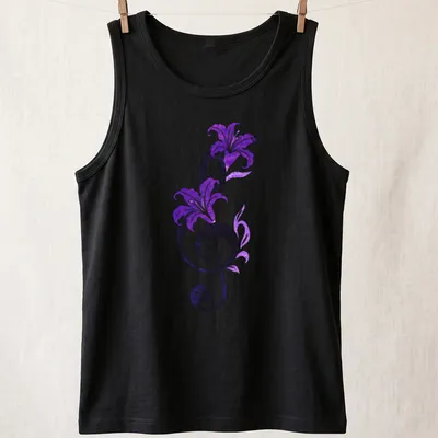 Elegant T-shirt featuring a musical note intertwined with purple lilies and the text Symphony In Bloom — printed on a tank top