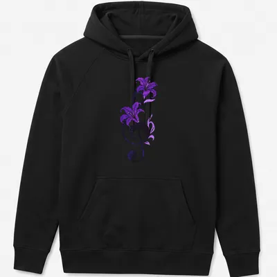 Elegant T-shirt featuring a musical note intertwined with purple lilies and the text Symphony In Bloom — printed on a unisex hoodie
