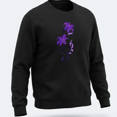 Elegant T-shirt featuring a musical note intertwined with purple lilies and the text Symphony In Bloom — printed on a unisex sweatshirt