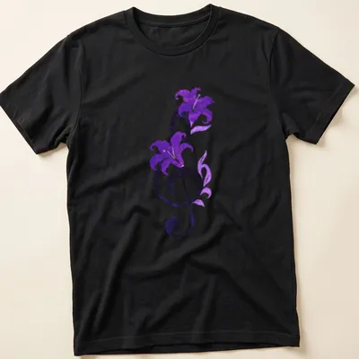 Elegant T-shirt featuring a musical note intertwined with purple lilies and the text Symphony In Bloom