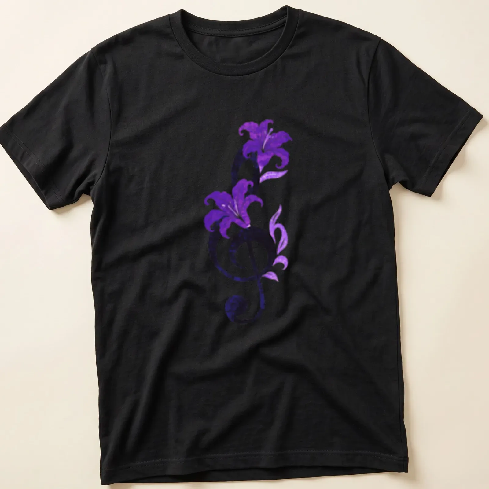 Elegant T-shirt featuring a musical note intertwined with purple lilies and the text Symphony In Bloom — printed on a unisex t-shirt