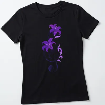 Elegant T-shirt featuring a musical note intertwined with purple lilies and the text Symphony In Bloom — printed on a women's shirt