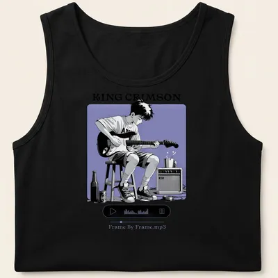 Kawaii line-art of a musician playing guitar with King Crimson text design. — printed on a tank top