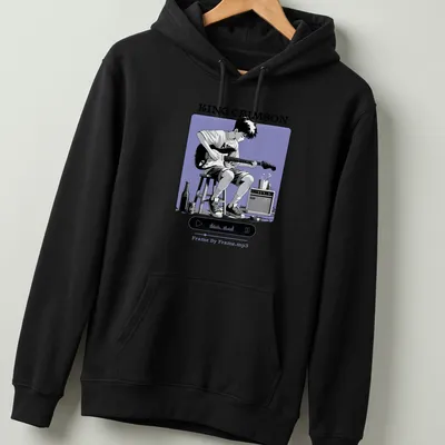 Kawaii line-art of a musician playing guitar with King Crimson text design. — printed on a unisex hoodie