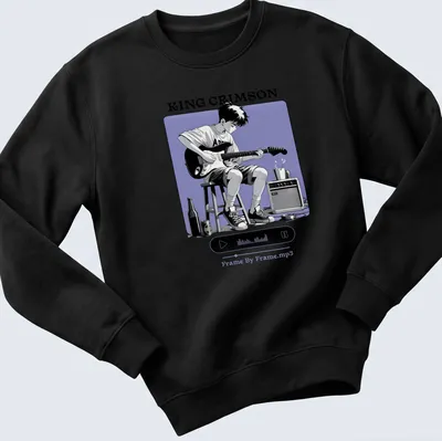 Kawaii line-art of a musician playing guitar with King Crimson text design. — printed on a unisex sweatshirt